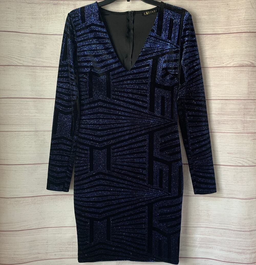 Cefian Blue Geometric Glitter Velvet Long Sleeve V-Neck Bodycon Mini Dress Large